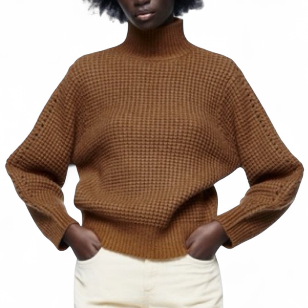 ZARA High Mock Neck Sweater Wool Blend Chunky Waffle Knit Turtleneck - Size M